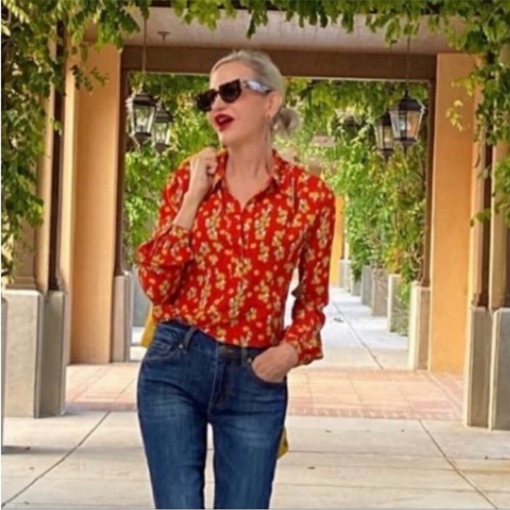 Cabi Belfry red orange yellow floral button front popover top size Small #3947